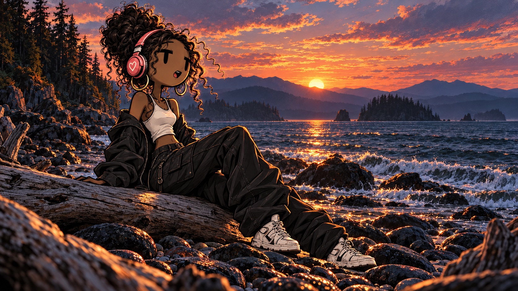 Echo wearing her coral heart headphones beside the water at sunset.