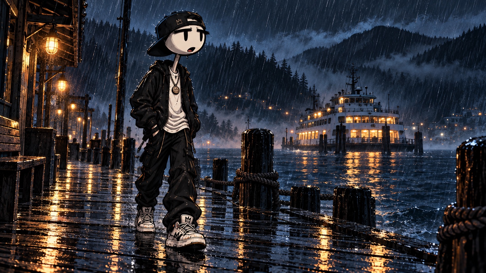 Line in his backwards cap and black jacket on a rainy harbour dock.